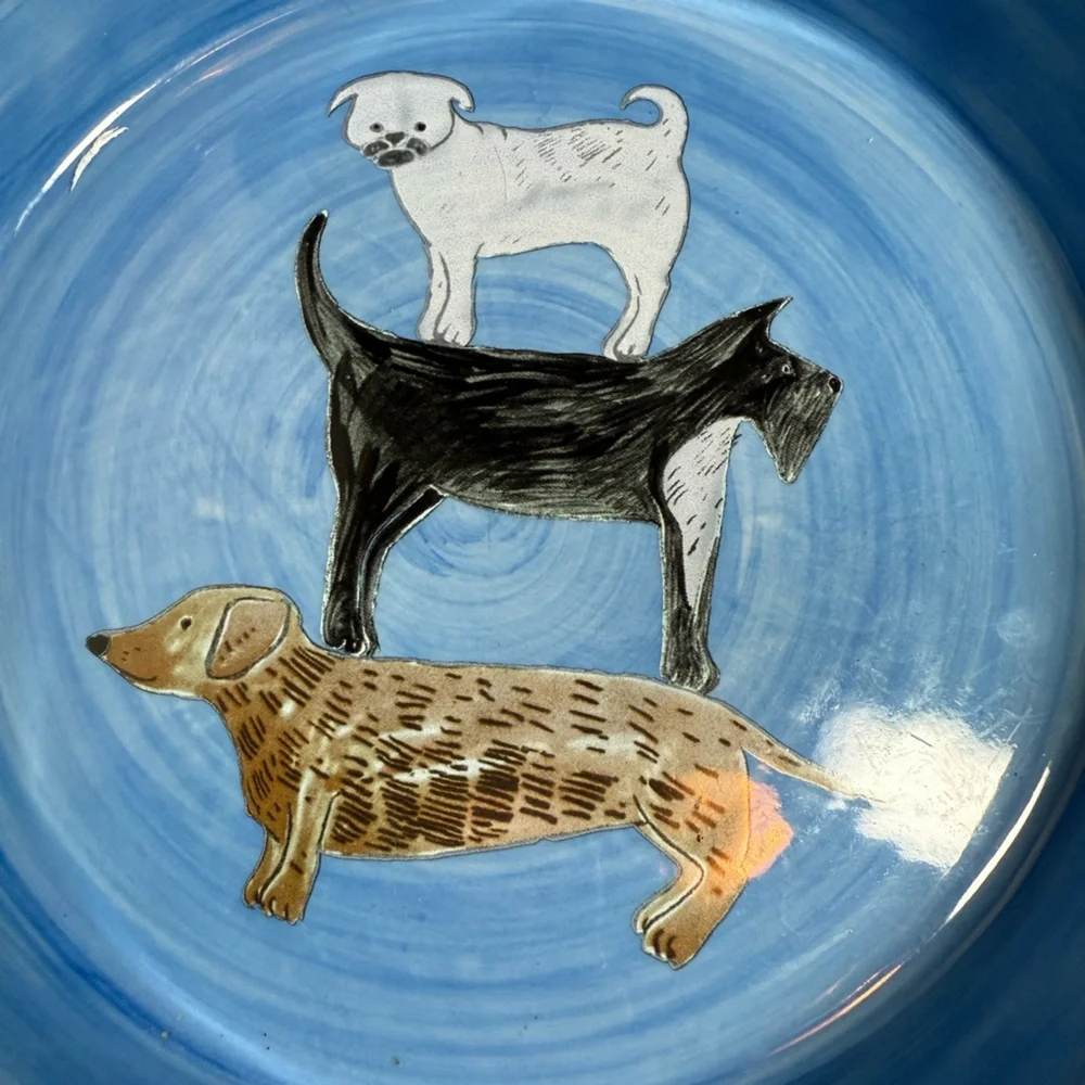 Anthropologie , Gemma Orkan Handpainted Blue with Handles Dog Dish,With 3 Dogs